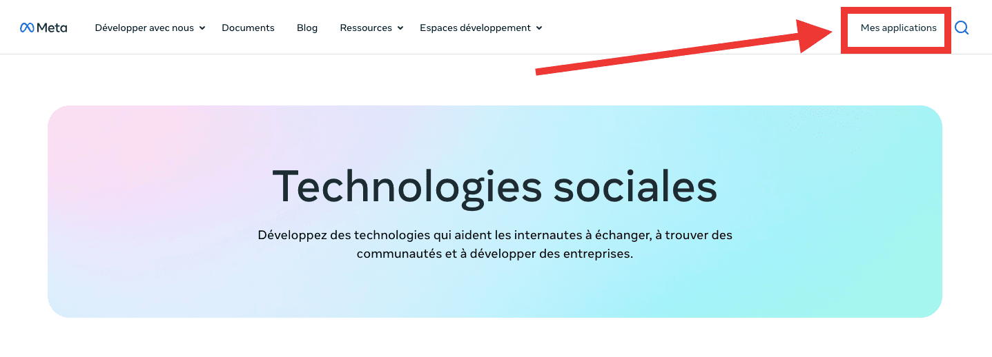 Le menu « Mes Applications » sur developers.facebook.com.