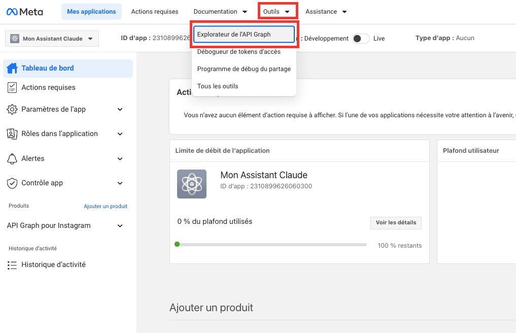 Le menu « Outils » → « Graph API Explorer ».