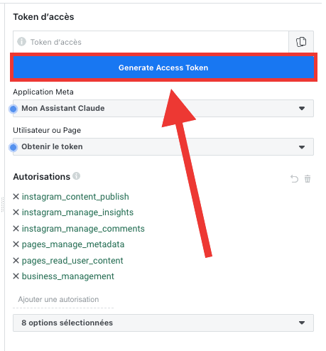 Les autorisations cochées et le bouton « Generate Access Token ».