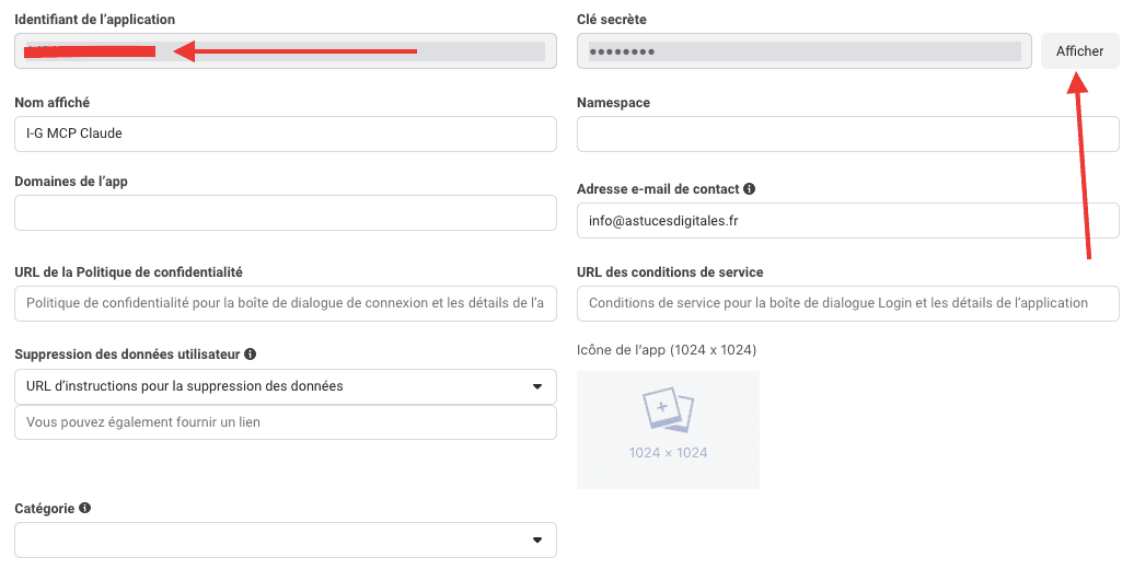 L'App ID et l'App Secret, dans Paramètres > Général de ton app.
