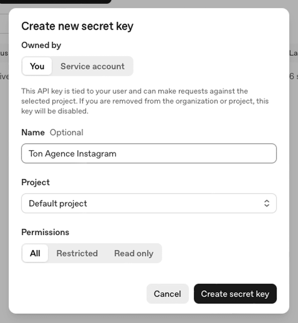 La fenêtre « Create new secret key », avec le champ Name rempli. Le bouton noir « Create secret key » est en bas à droite.