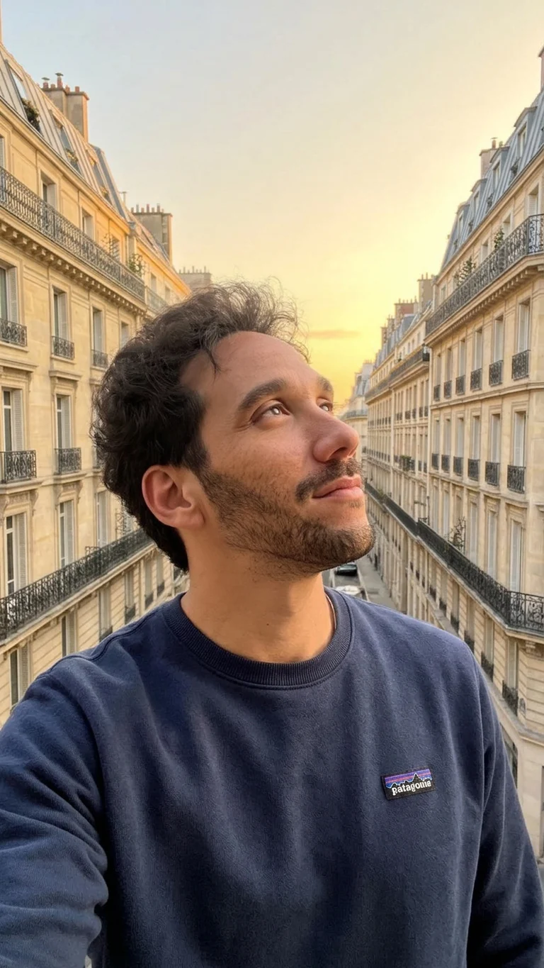 Ismael de profil dans une rue de Paris au coucher du soleil, en sweat bleu marine : sa vraie photo, retouchée par Ton Visage
